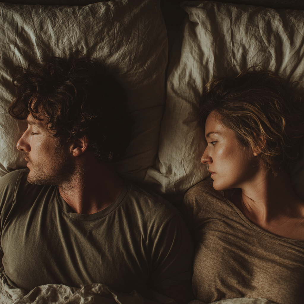 Mann liegt im Bett und wendet sich von seiner Partnerin ab, ein Symbol für Libidomangel beim Mann.