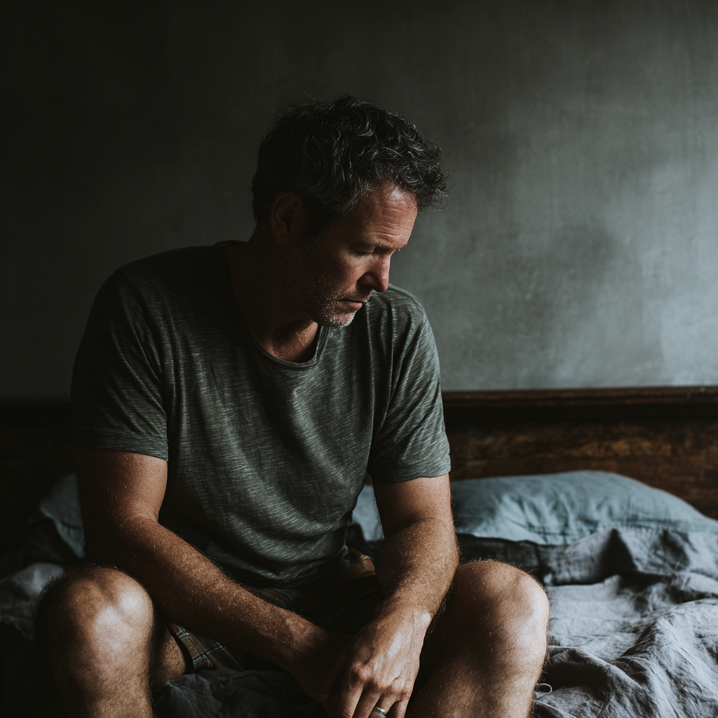 Mann sitzt nachdenklich auf dem Bett und wirkt frustriert, ein Symbol für Libidoverlust und fehlende sexuelle Energie.