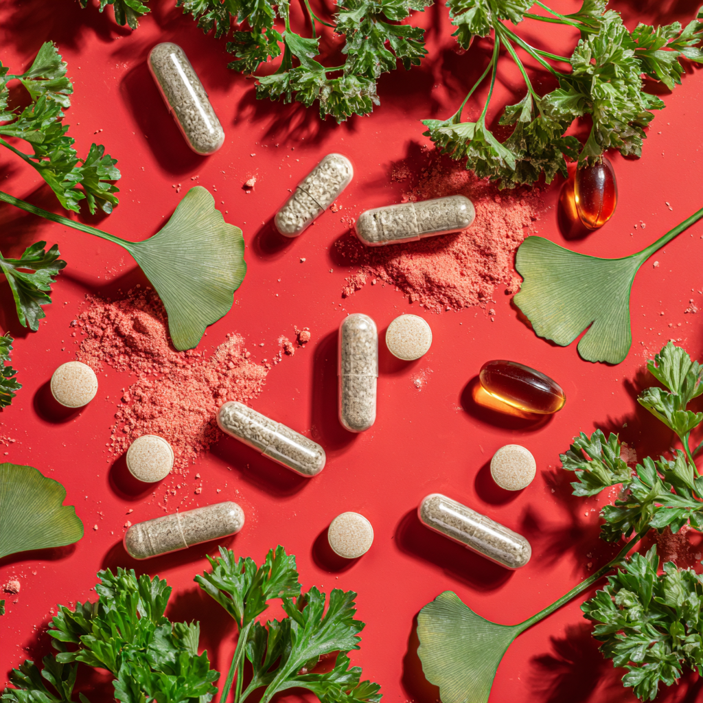 Pflanzenextrakte, Kapseln und Pulver als Beispiele für natürliche Potenzmittel für Männer.