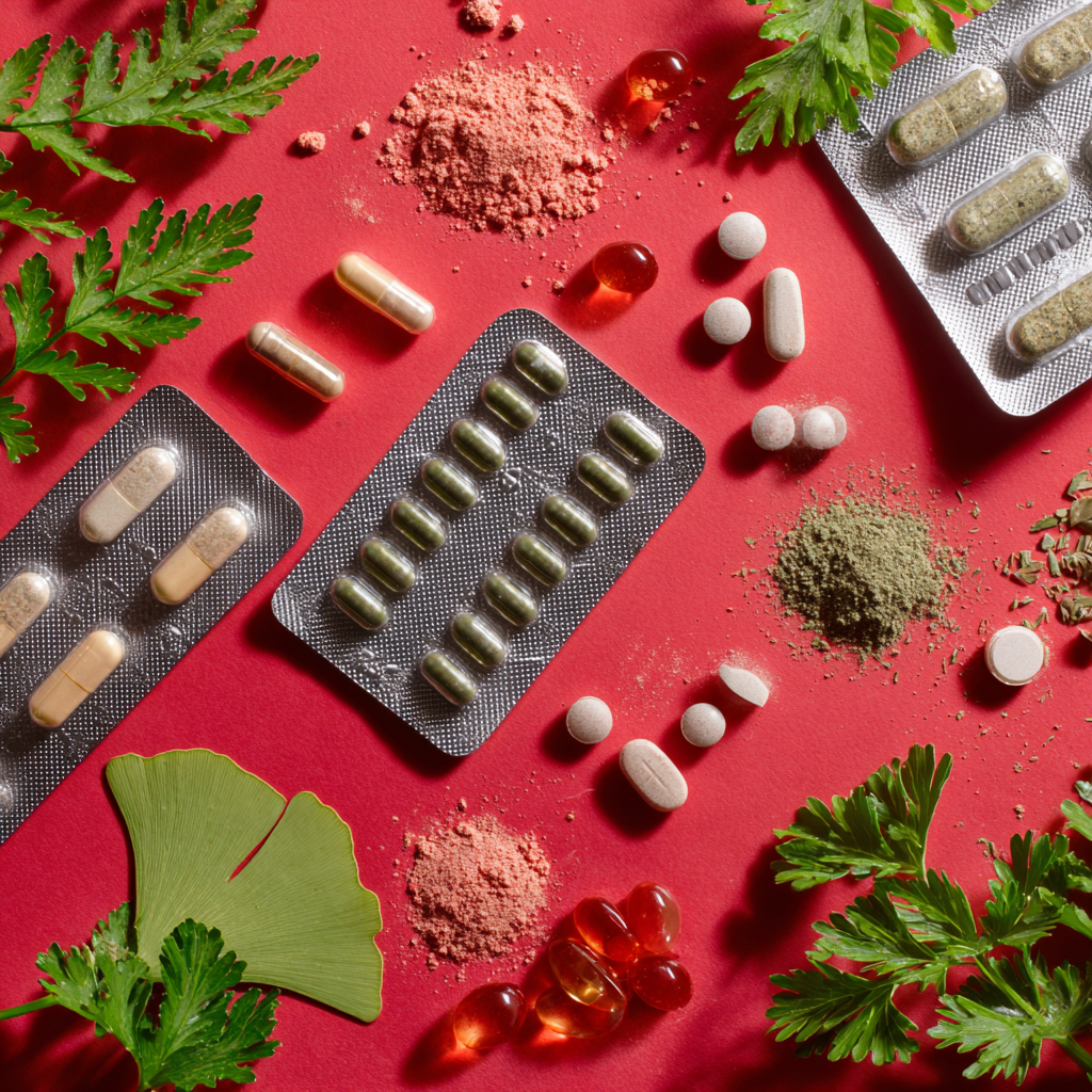 Verschiedene Kapseln, Tabletten und Pflanzenextrakte als Beispiele für rezeptfreie Potenzmittel.